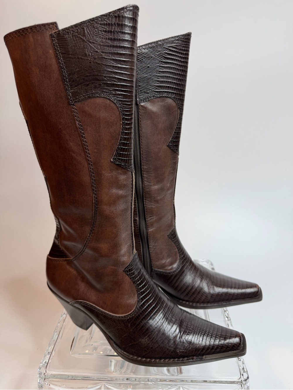 Maria Lya Women's Two-Tone Dark Brown Leather Pointed-Toe Mid-Calf Boots 7